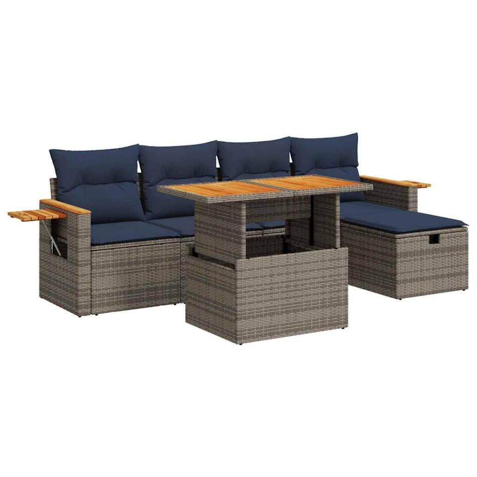 Set mobilier grădină cu perne 6 piese gri poliratan/lemn acacia - 1 | YEO