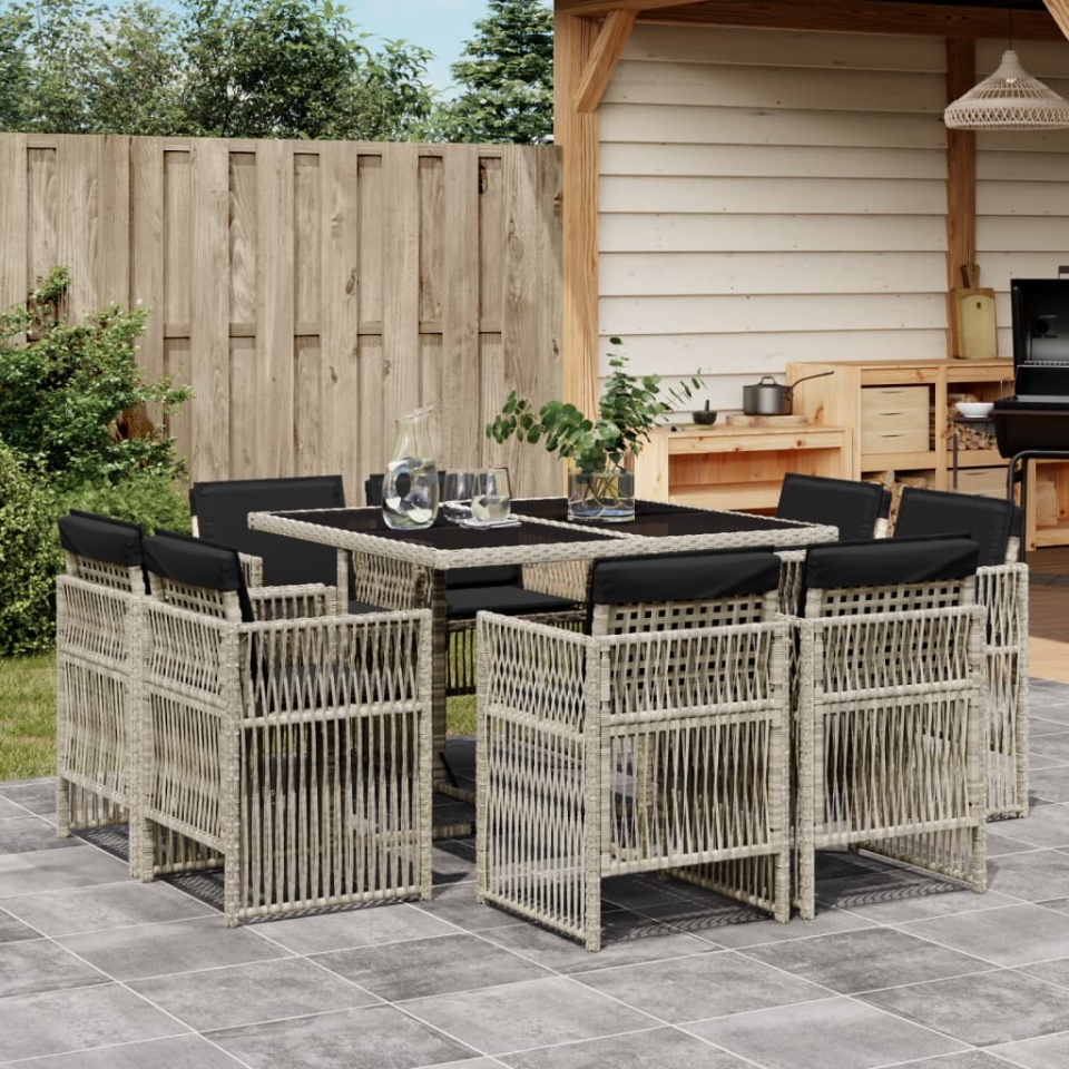 Set mobilier grădină cu perne, 9 piese, gri deschis, poliratan