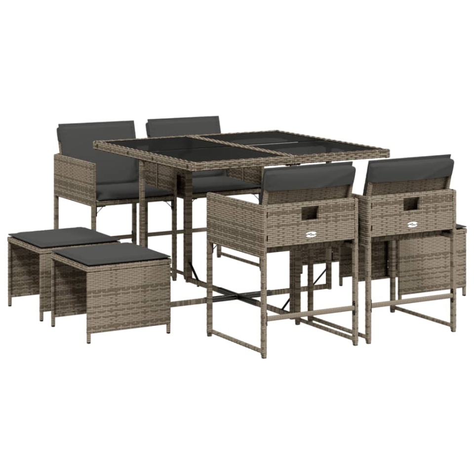 Set mobilier grădină cu perne, 9 piese, gri, poliratan - 1 | YEO
