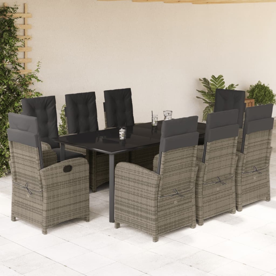 Set mobilier grădină cu perne, 9 piese, gri, poliratan