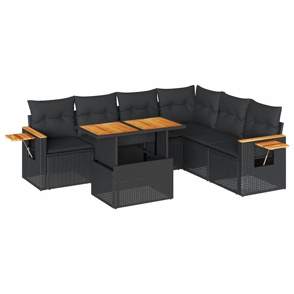 Set mobilier grădină perne 6 piese negru poliratan/lemn acacia - 1 | YEO