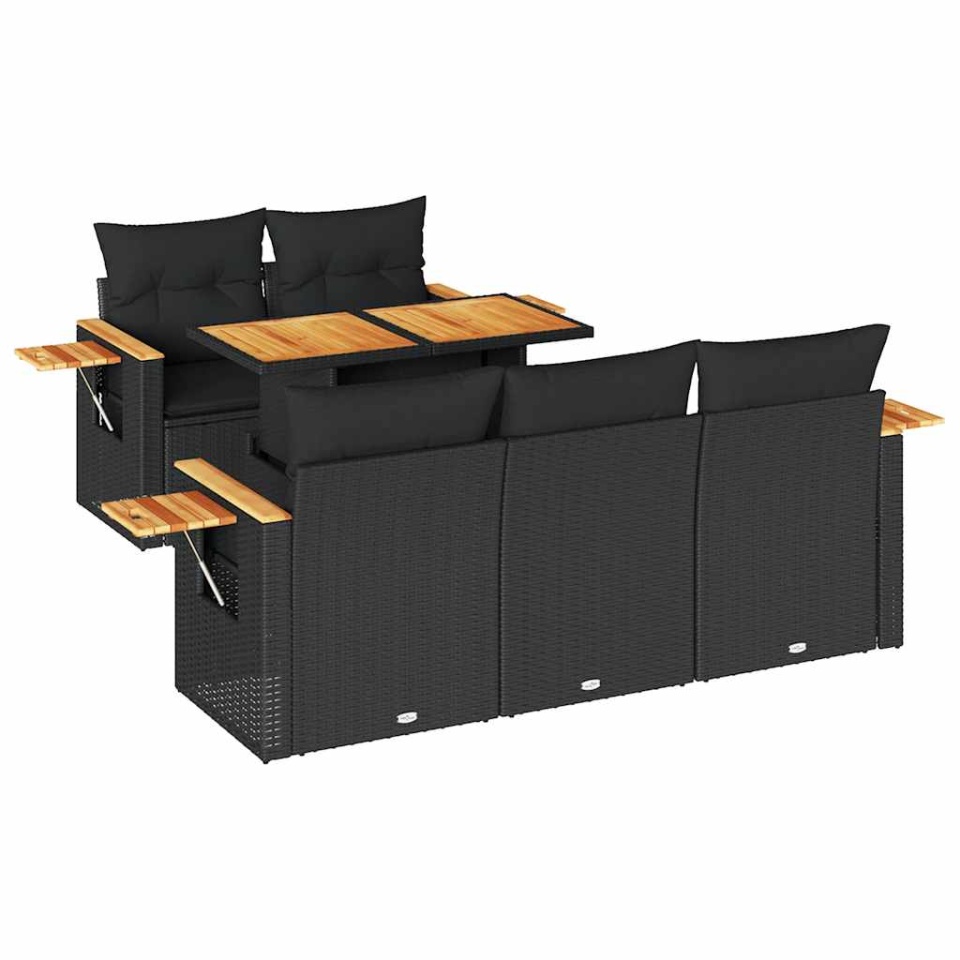 Set mobilier grădină perne 6 piese negru poliratan/lemn acacia - 1 | YEO