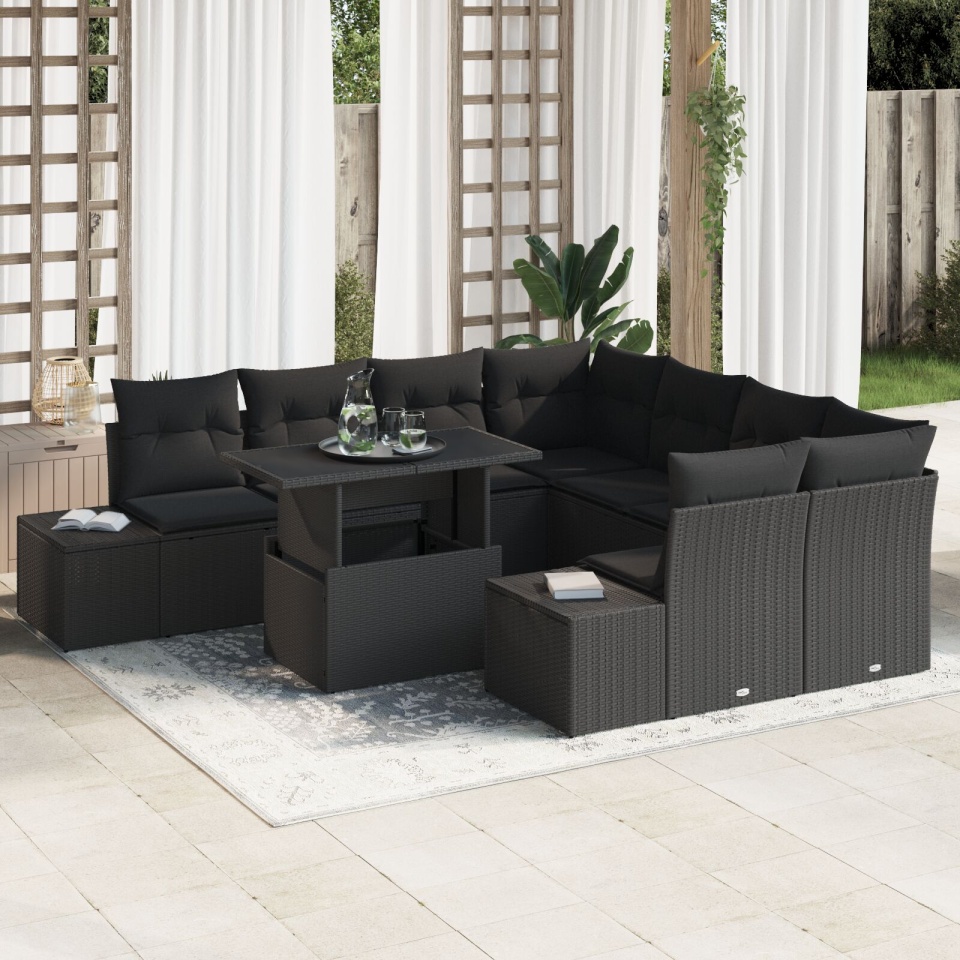 Set Sofă Grădină 9 Piese Negru Ratan, Poliester, Sticlă