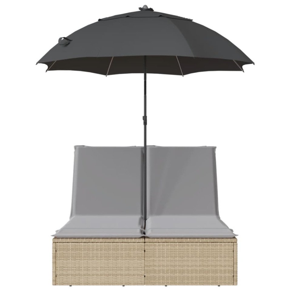 Șezlong dublu cu perne/umbrelă de soare, bej, poliratan - 3 | YEO