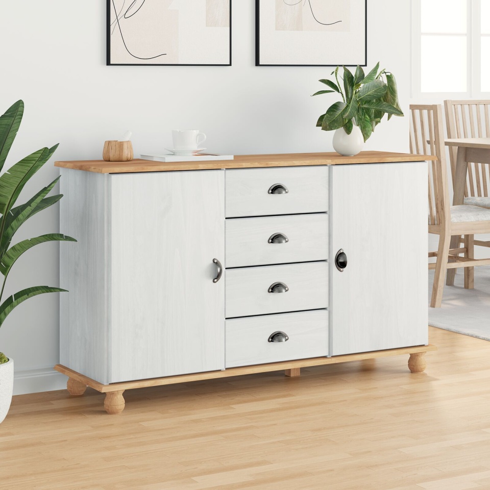 Sideboard \'ASKIM\'Alb 133.5x40x79 cm Lemn Solid de Pin - 3 | YEO