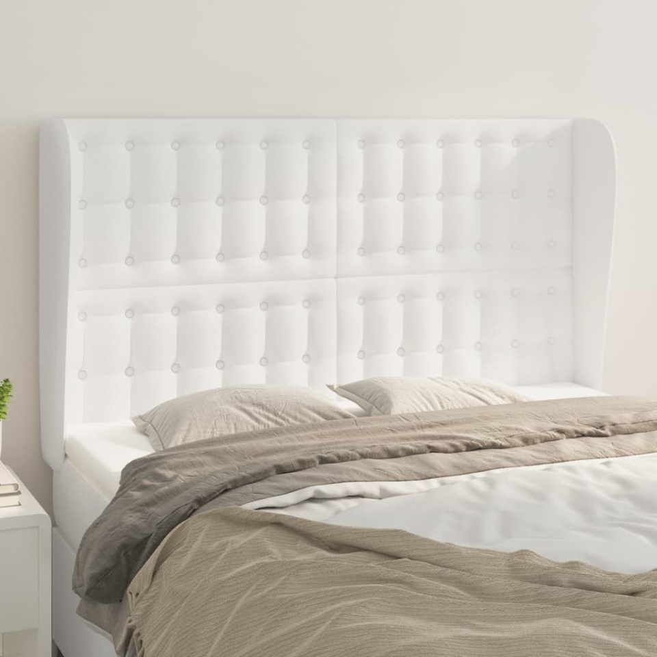 Tăblie de pat cu aripioare, alb, 147x23x118/128 cm, piele eco