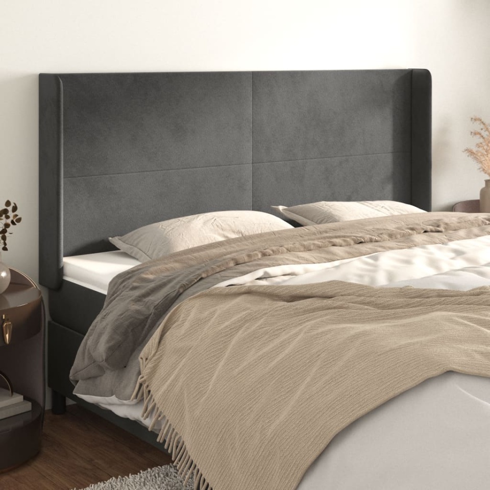 Tăblie de pat cu aripioare gri închis 183x16x118/128 cm catifea