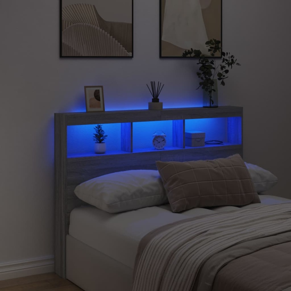 Tăblie de pat cu dulap și LED, gri sonoma, 140x17x102 cm - 3 | YEO