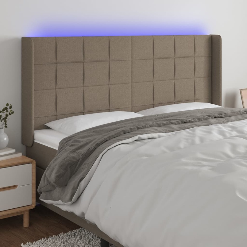 Tăblie de pat cu LED, gri taupe, 203x16x118/128 cm, textil