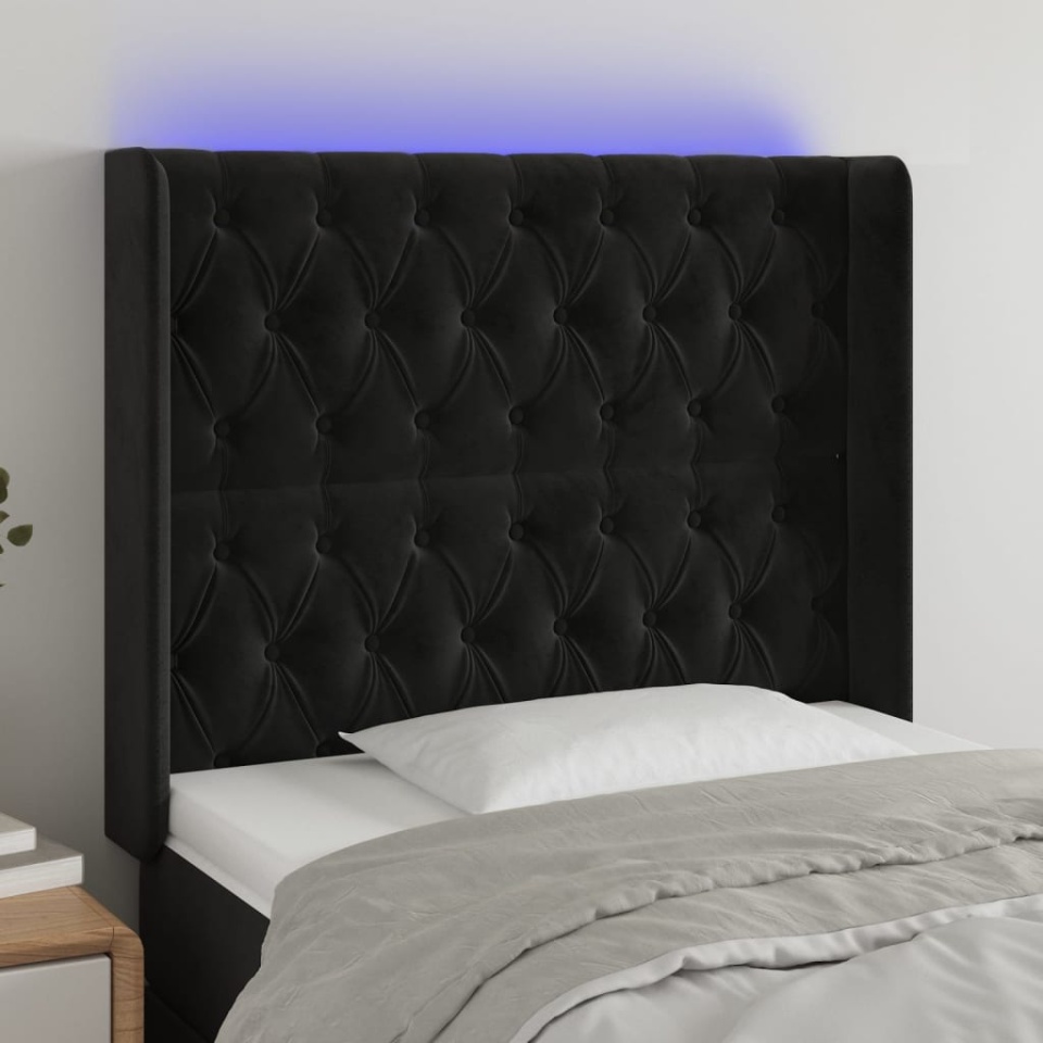 Tăblie de pat cu LED, negru, 93x16x118/128 cm, catifea