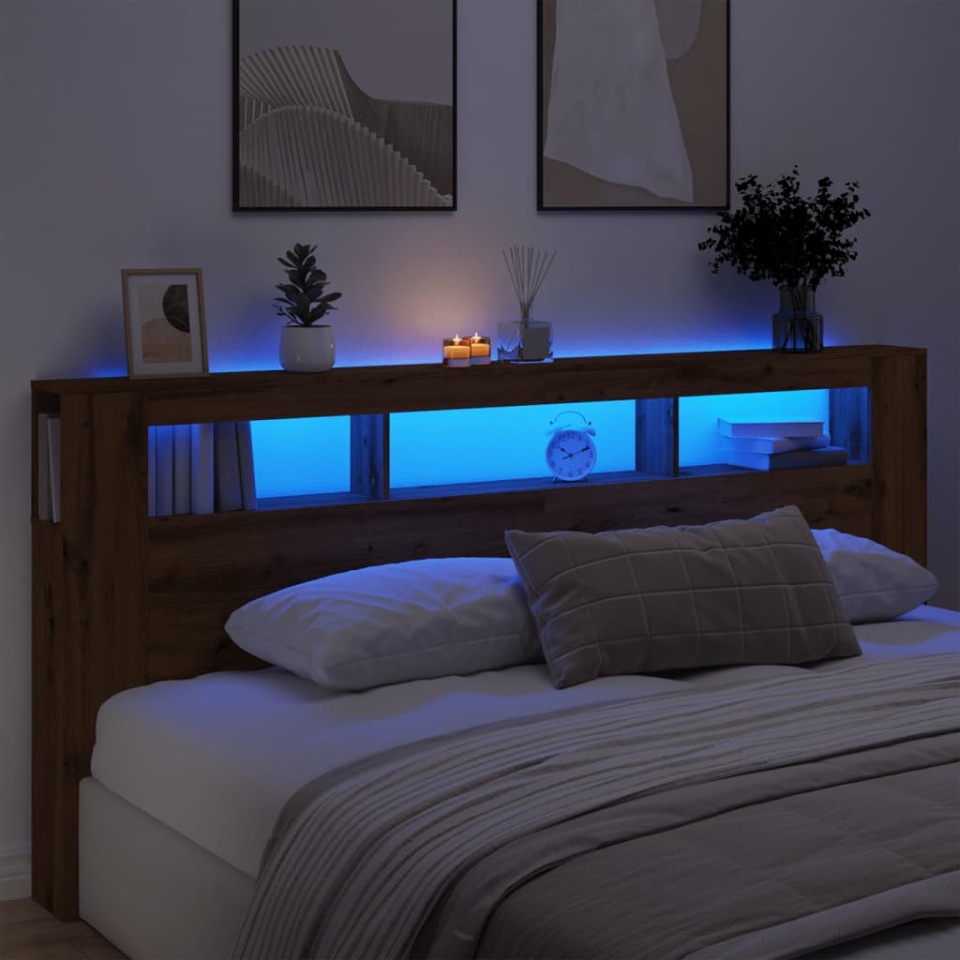 Tăblie de pat cu LED, stejar artizanal, 220x18,5x103,5 cm, lemn