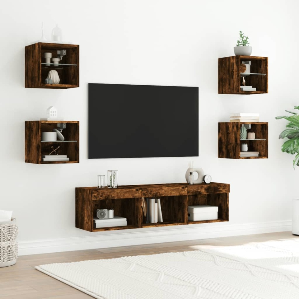 Unități de perete TV cu LED-uri, 7 piese, stejar fumuriu, lemn - 2 | YEO