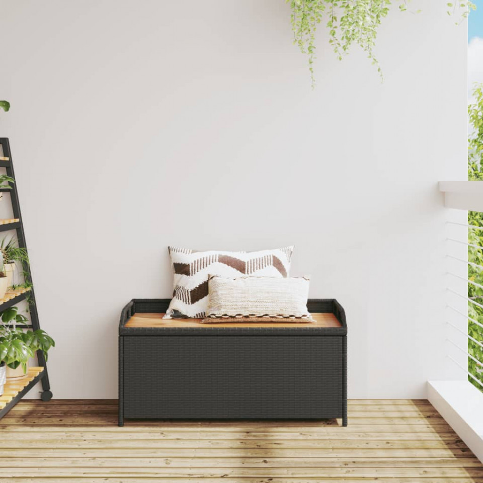 Bancă depozitare grădină, negru, 100x50x52 cm, poliratan/acacia - 2 | YEO