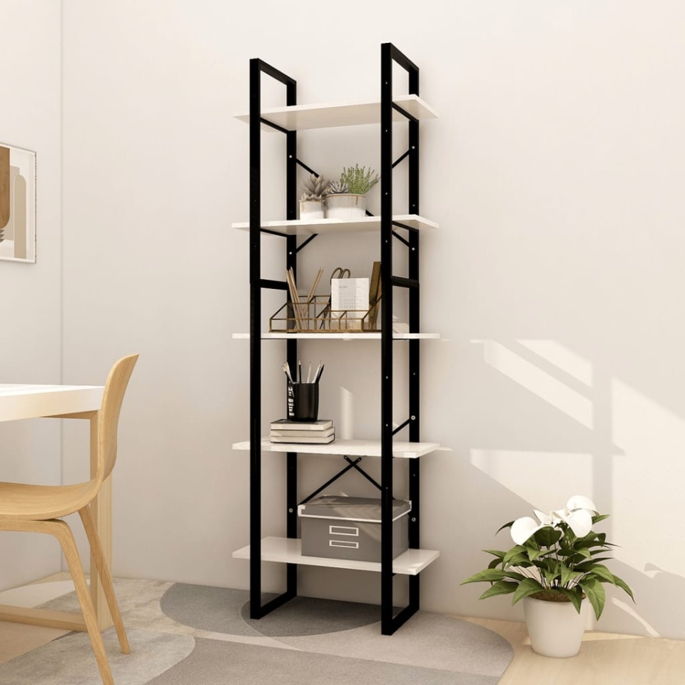 Biblioteca cu 5 rafturi, alb, 60x30x175 cm, lemn masiv de pin