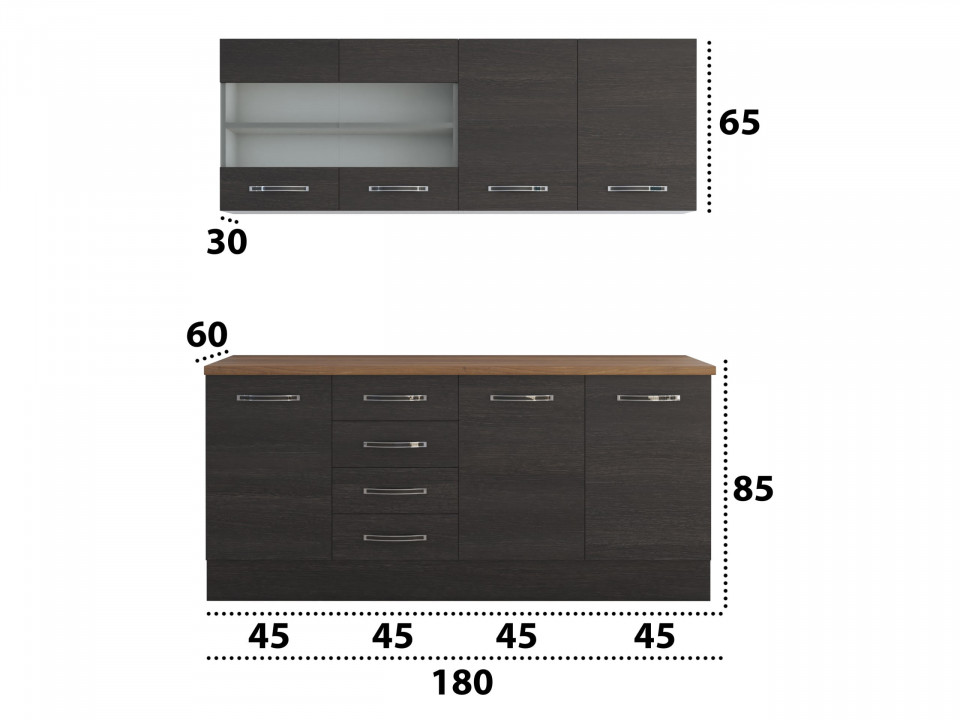 Bucatarie Alfa 180, Cu vitrina, Wenge, Blat termic nuc - 3 | YEO