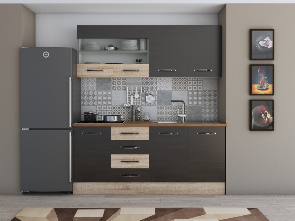 Bucatarie alfa cu vitrina 180 cm, wenge / sonoma, blat termic nuc - 1 | YEO