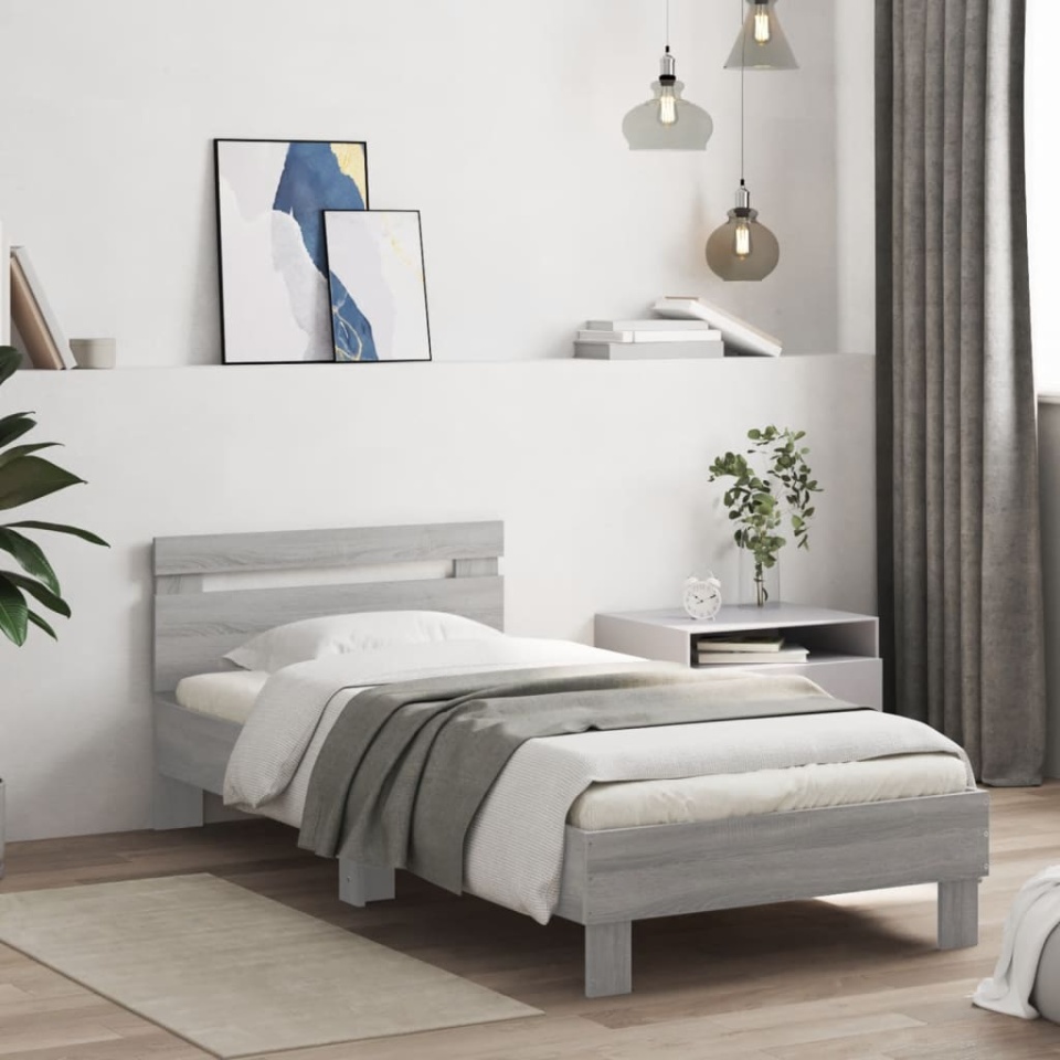Cadru de pat cu tăblie și lumini LED, gri sonoma, 90x190 cm - 2 | YEO