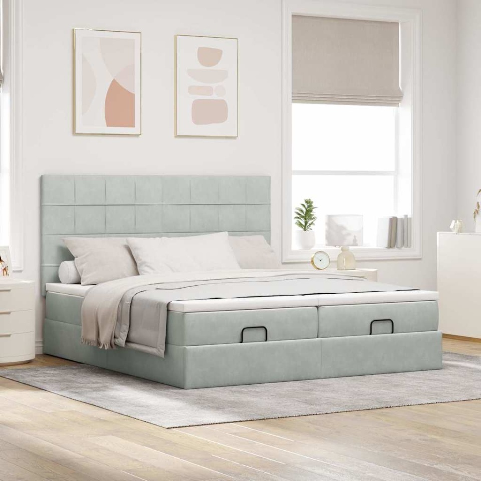Cadru de pat otoman cu saltele Gri deschis 180x200cm catifea - 3 | YEO