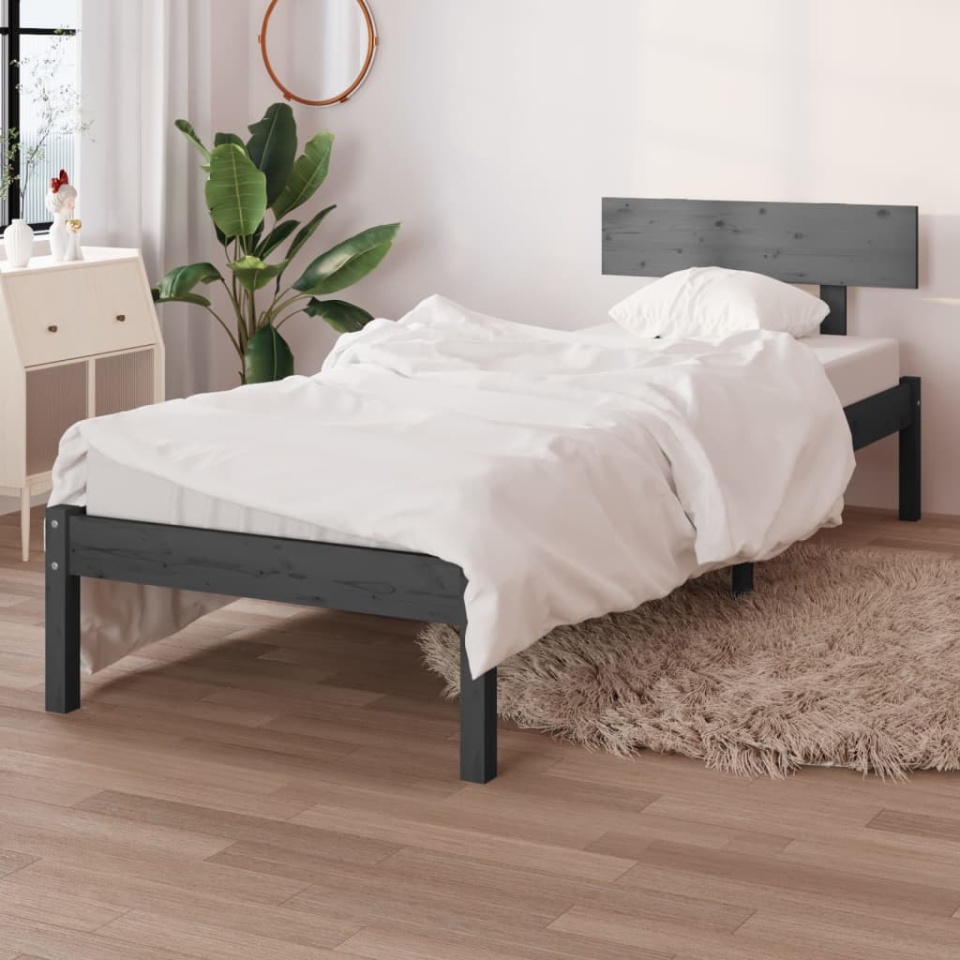Cadru de pat single, gri, 90x190 cm, lemn masiv de pin