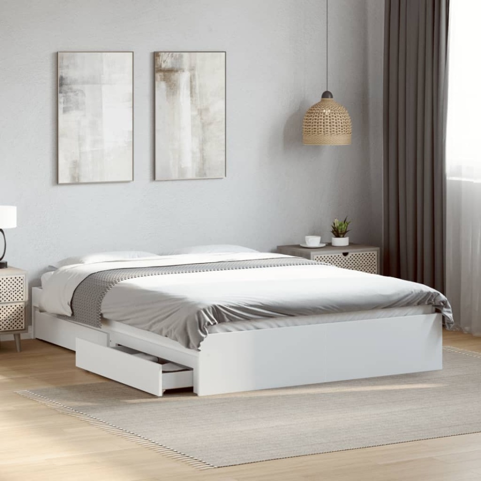 Cadru pat cu sertare alb extralucios 140x190 cm, lemn prelucrat
