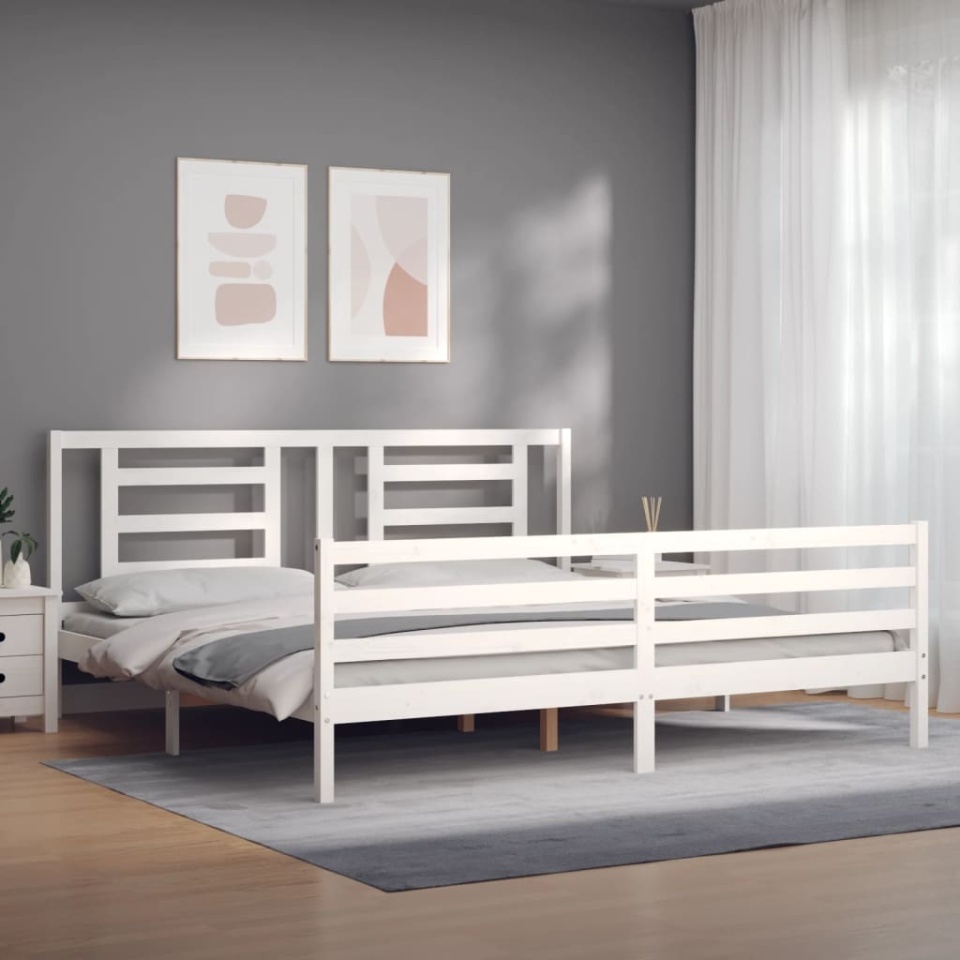 Cadru pat cu tăblie 200x200 cm, alb, lemn masiv - 2 | YEO