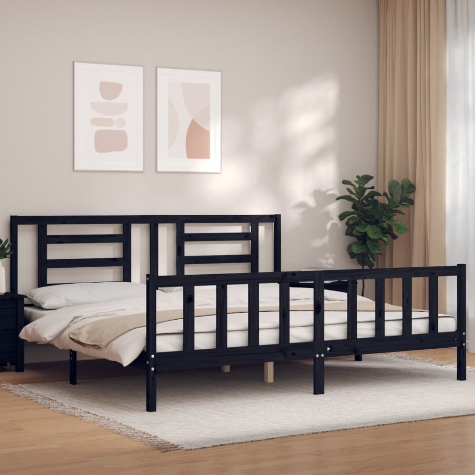 Cadru pat cu tăblie 200x200 cm, negru, lemn masiv