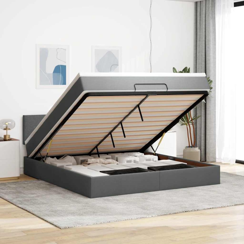 Cadru pat otoman cu saltea țesătură gri închis 180x200 cm