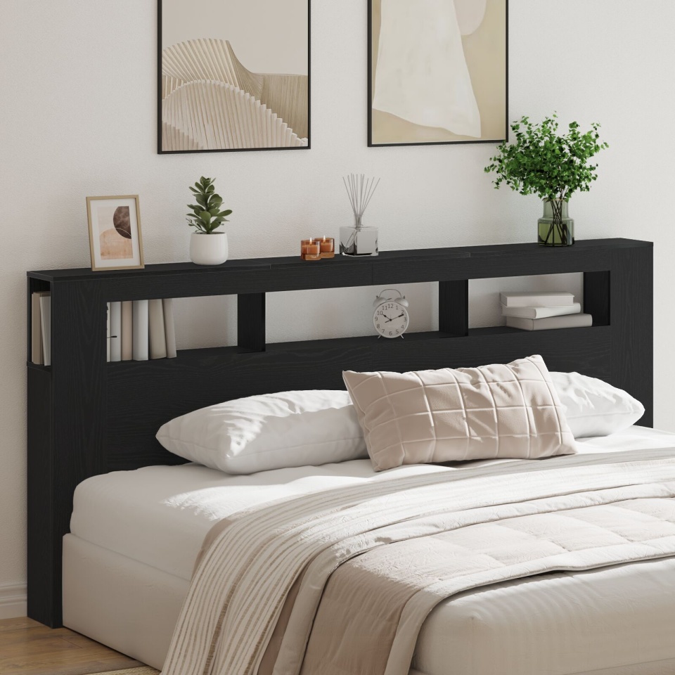 Cap la pat cu lumini LED Negru Stejar 220x18,5x103,5 cm