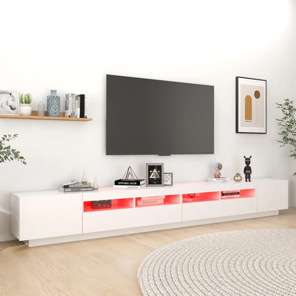 Comodă TV cu lumini LED, alb, 300x35x40cm - 3 | YEO