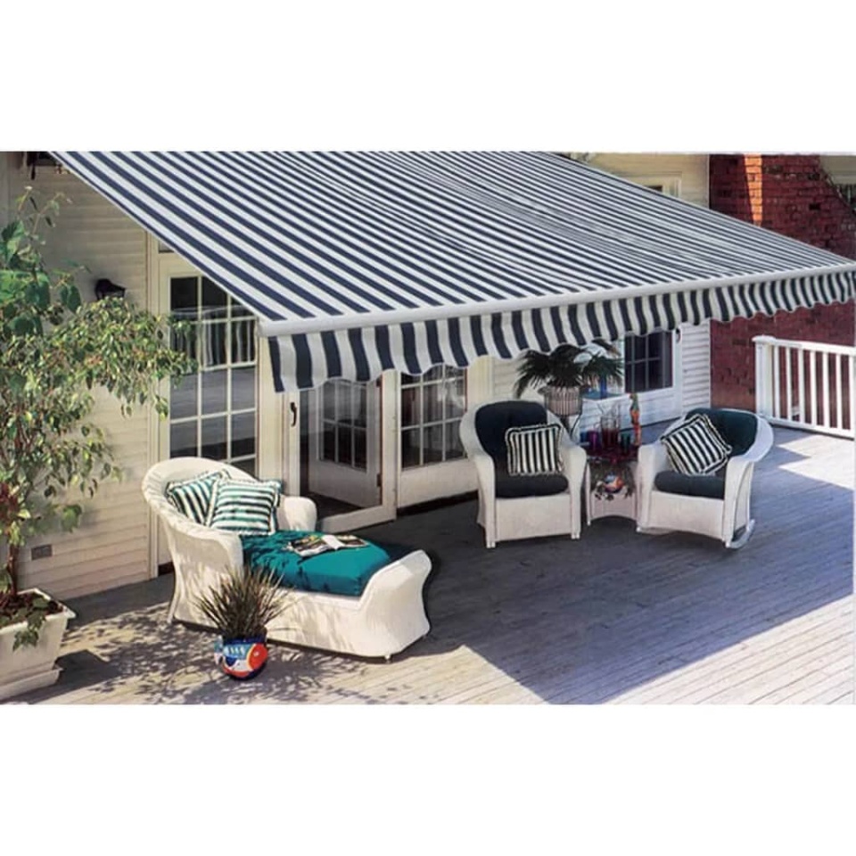 Copertină pliabilă cu acționare manuală, 300 cm, albastru/alb - 1 | YEO