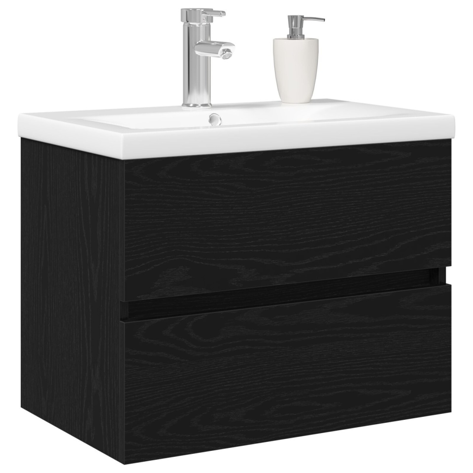 Dulap pentru chiuvetă cu chiuvetă încorporată din lemn ingineresc de stejar negru, Dulap pentru chiuvetă din stejar negru 60x38,5x45 cm lemn ingineresc - 2 | YEO