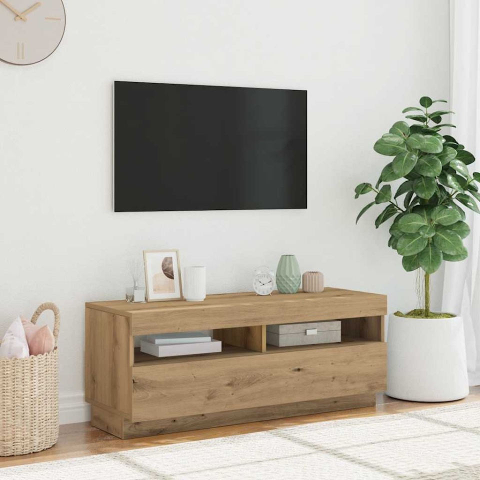 Dulap TV lumini LED stejar artizanal 100x35x40cm lemn prelucrat - 3 | YEO
