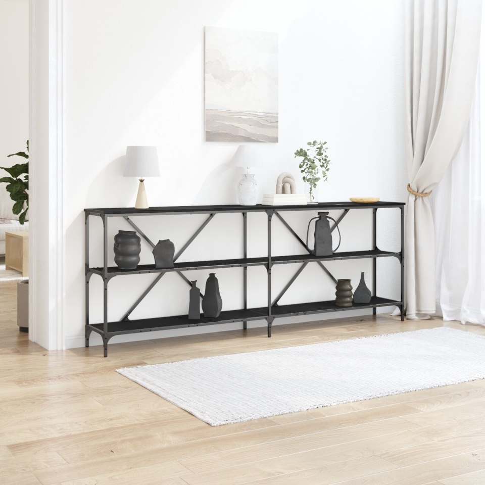 Masă de console Negru Stejar 200x30x75 cm Lemn compus și Oțel