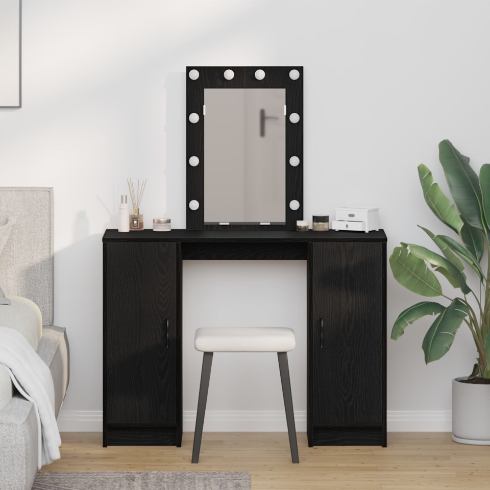 Masa de toaletă cu lumini LED Negru Stejar 102x33x135 cm