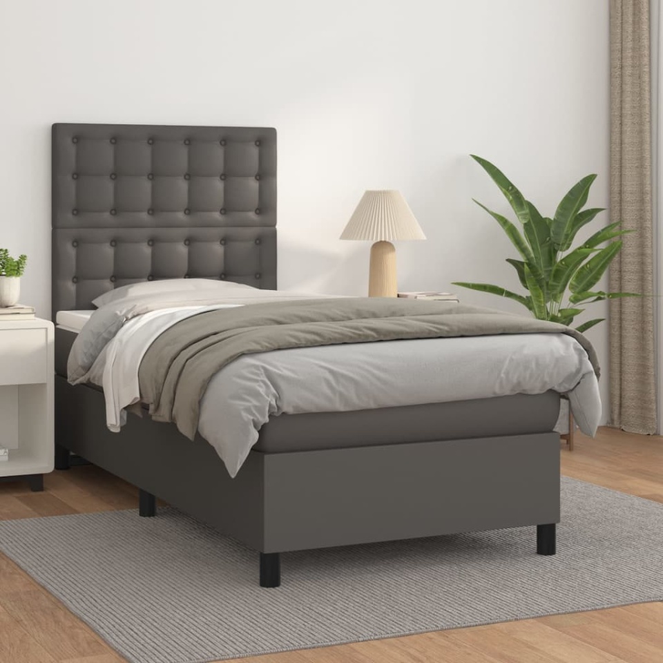 Pat box spring cu saltea, gri, 100x200 cm, piele ecologică