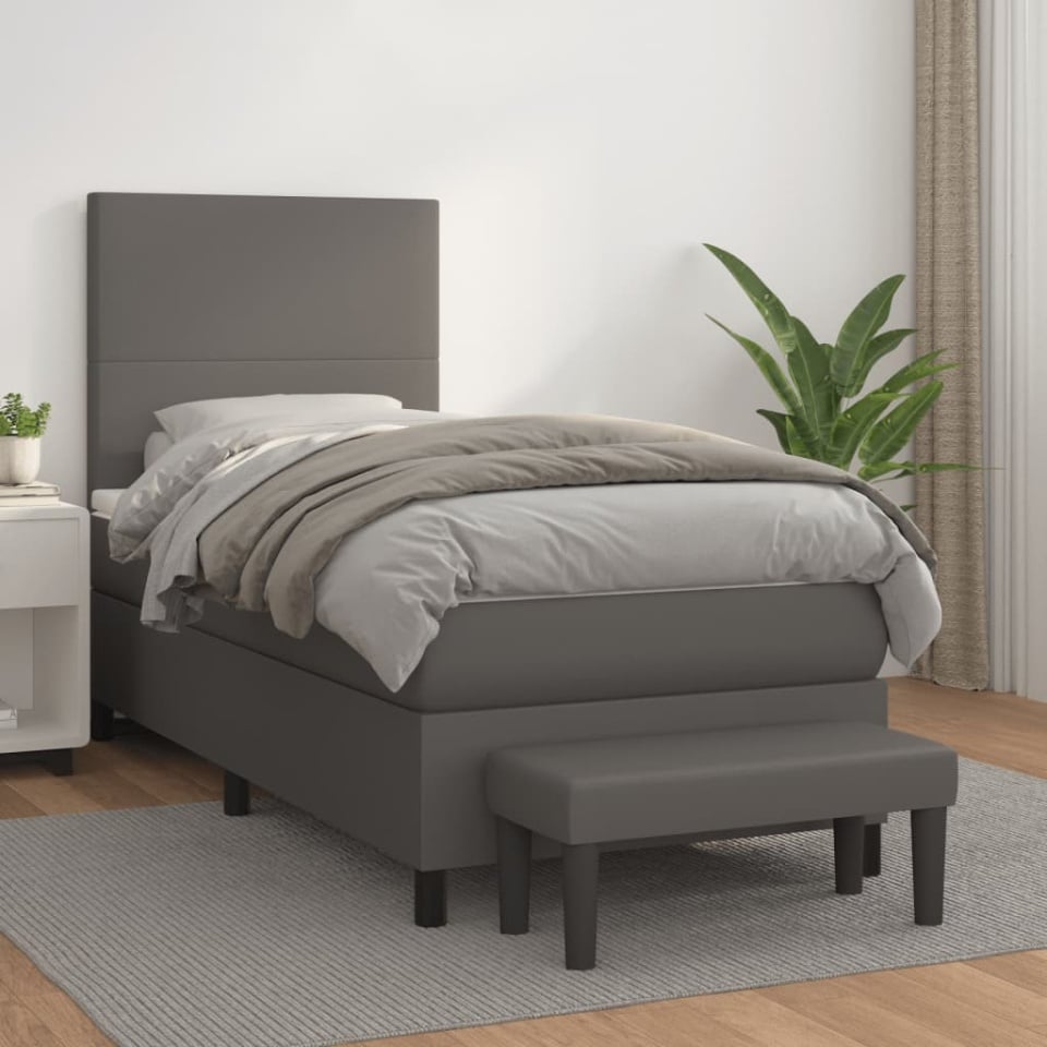 Pat box spring cu saltea, gri, 100x200 cm, piele ecologică