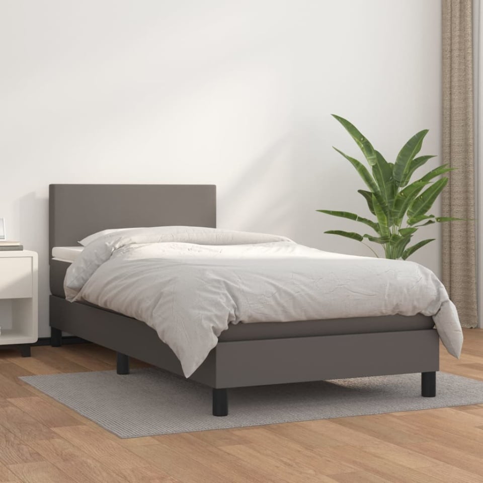 Pat box spring cu saltea, gri, 100x200 cm, piele ecologică