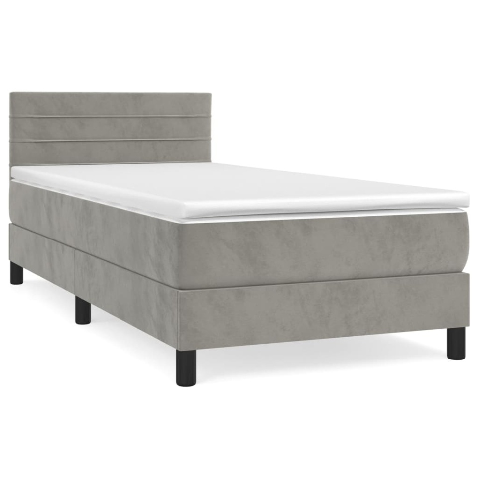 Pat box spring cu saltea, gri deschis, 100x200 cm, catifea - 1 | YEO