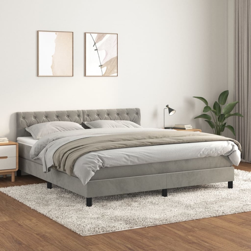 Pat box spring cu saltea, gri deschis, 160x200 cm, catifea