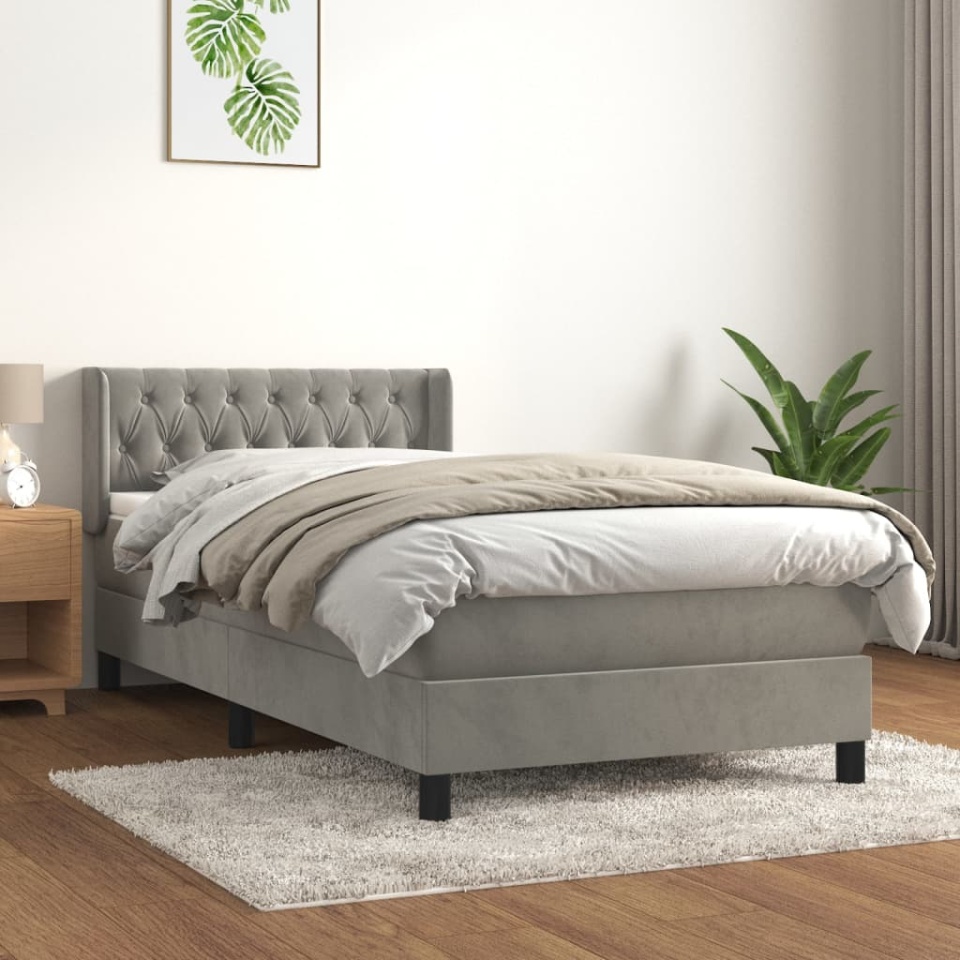 Pat box spring cu saltea, gri deschis, 90x190 cm, catifea