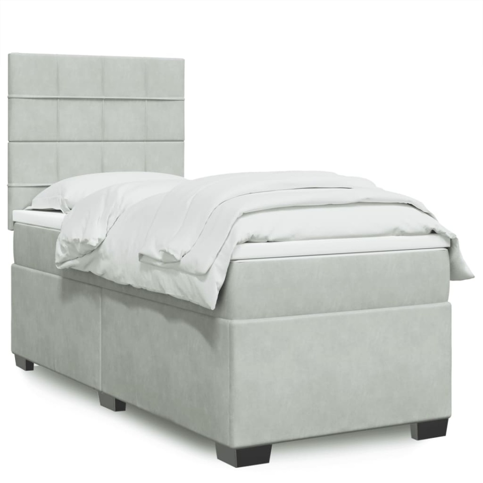 Pat box spring cu saltea, gri deschis, 90x200 cm, catifea
