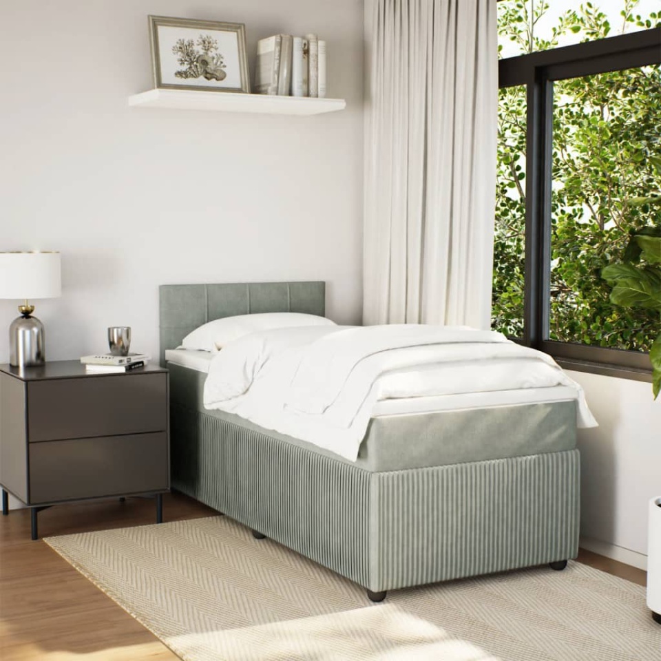 Pat box spring cu saltea, gri deschis, 90x200 cm, catifea - 2 | YEO