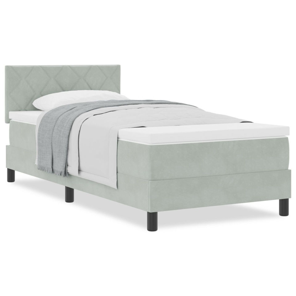 Pat box spring cu saltea, gri deschis, single, catifea - 3 | YEO