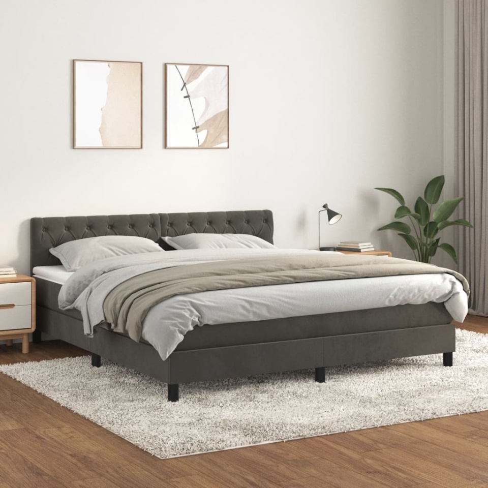 Pat box spring cu saltea, gri închis, 160x200 cm, catifea