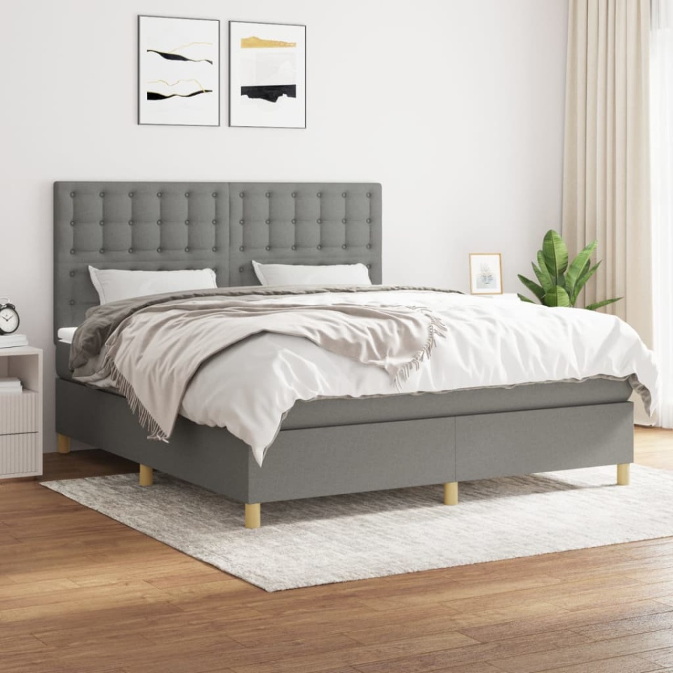 Pat box spring cu saltea, gri închis, 180x200 cm, textil