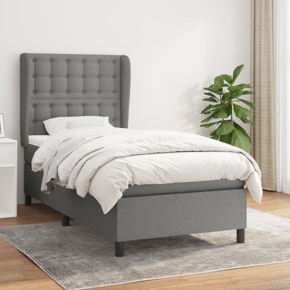 Pat box spring cu saltea, gri inchis, 90x190 cm, textil