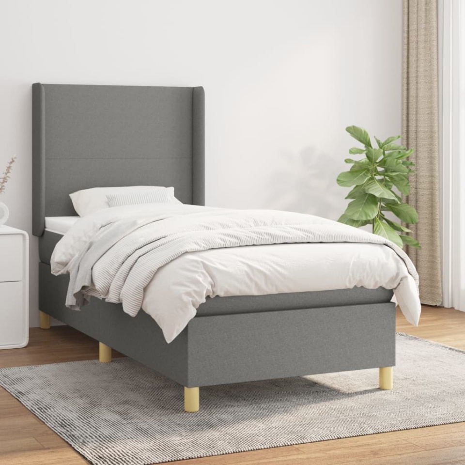 Pat box spring cu saltea, gri închis, 90x200 cm, textil