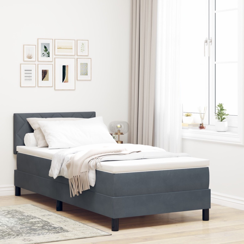 Pat box spring cu saltea, gri închis, single, catifea