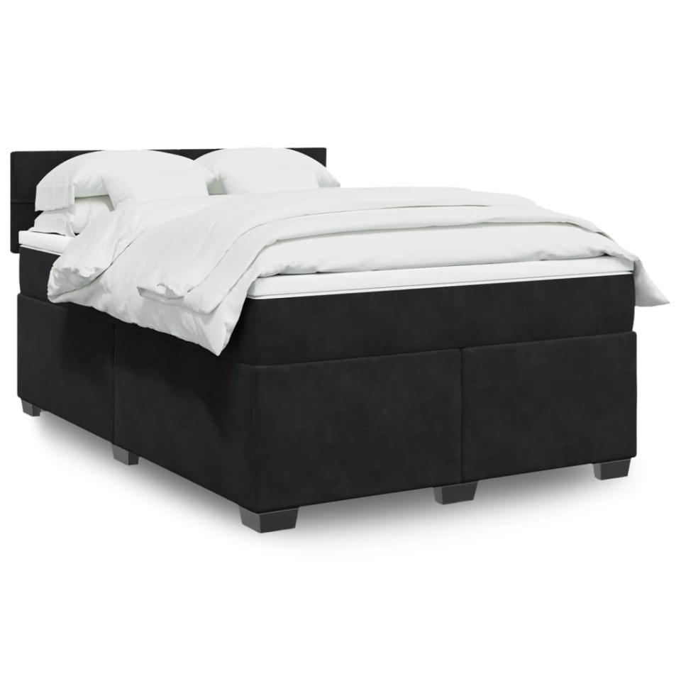 Pat box spring cu saltea, negru, 160x200 cm, catifea