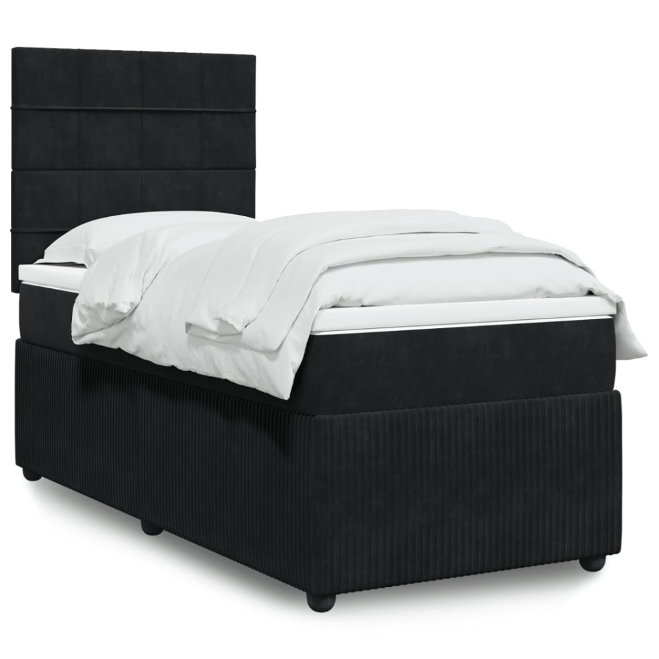 Pat box spring cu saltea, negru, 90x200 cm, catifea